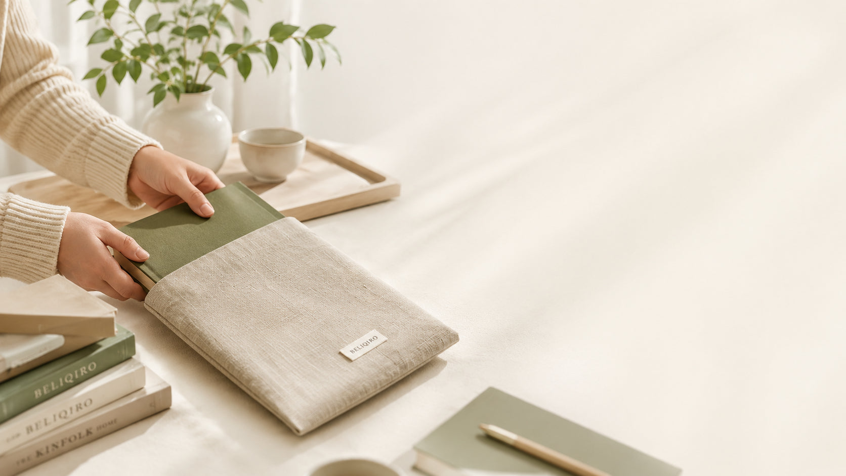 Beliqiro Linen Book Sleeve with a book inside