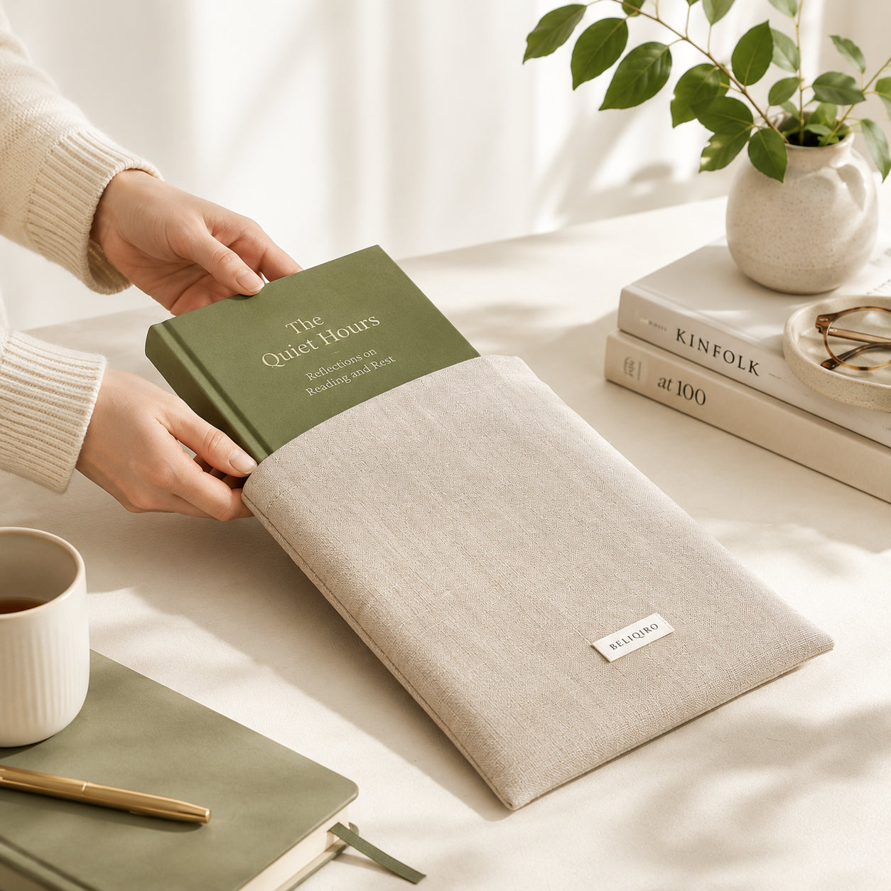 Beliqiro Linen Book Sleeve with a book inside