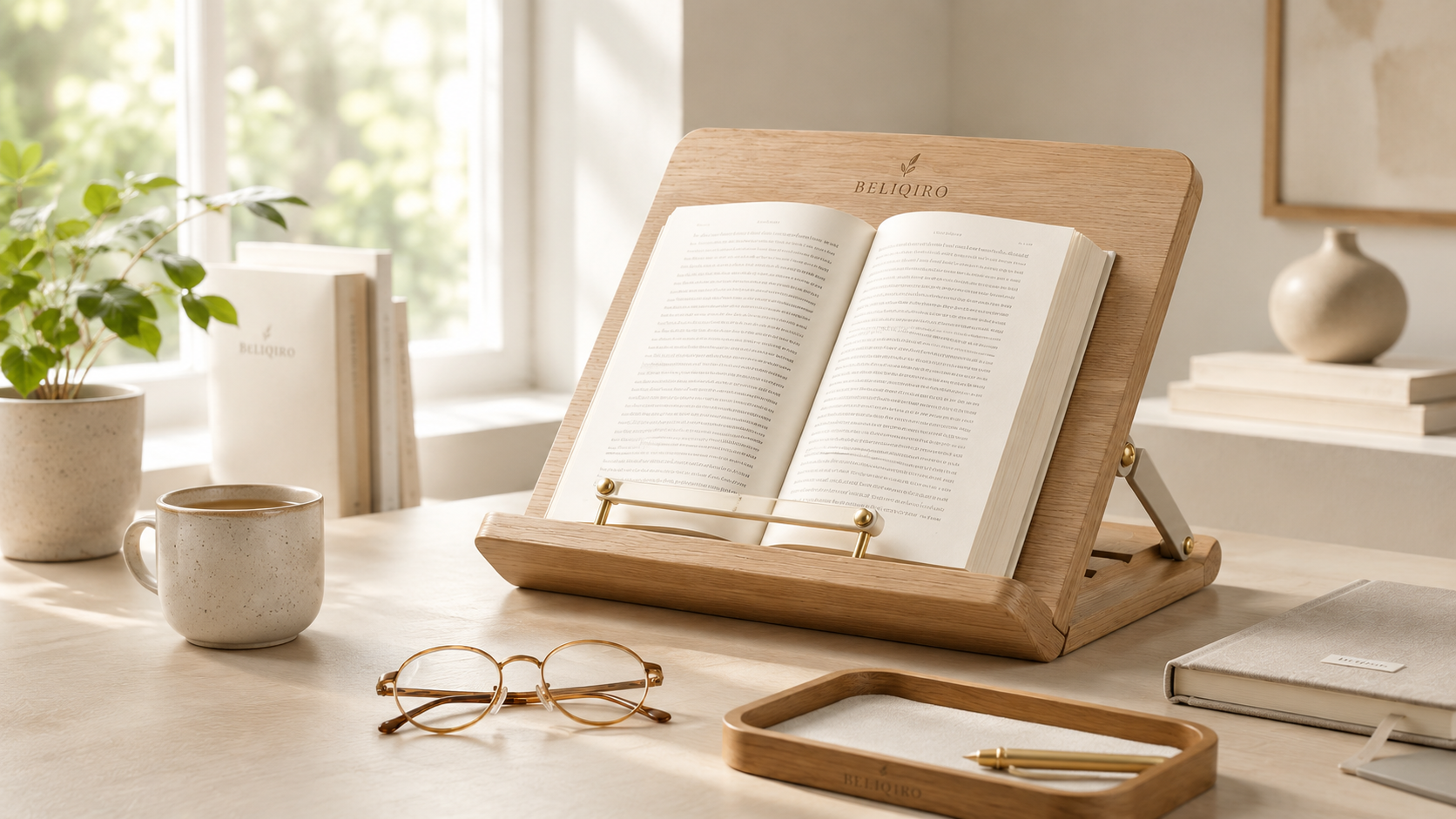 Beliqiro Walnut Reading Stand holding an open book